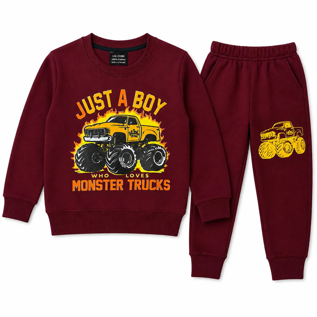 Boys Maroon Monster Truck Winter Coord Set (2 Piece) - Size 1 - 12 Years