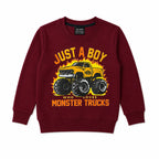 Boys maroon monster truck winter two-piece coord set by Lil' Cubs, featuring a cozy top and matching pants for ages 1 to 12.