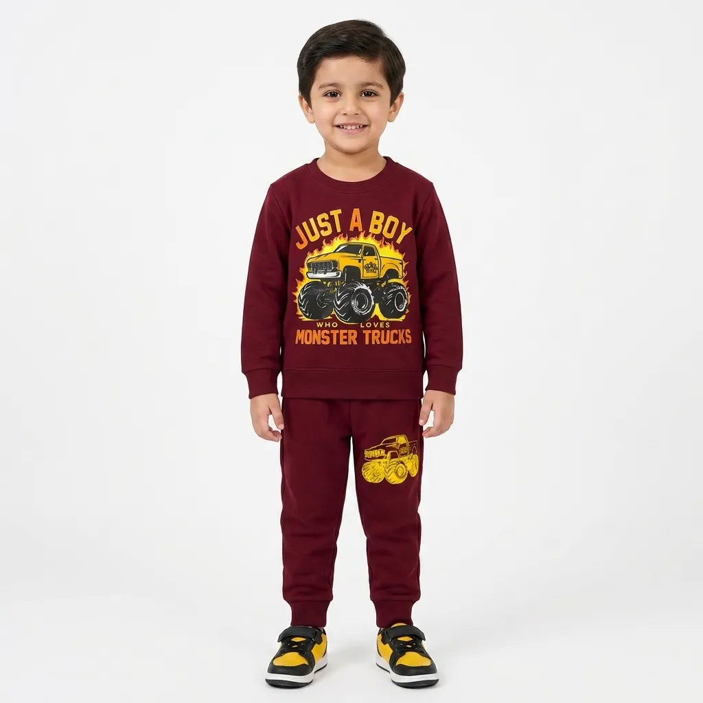 Boys Maroon Monster Truck Winter Coord Set (2 Piece) - Size 1 - 12 Years