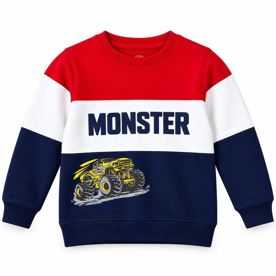 Boys Monster Truck Color Block Winter Sweatshirt (Size 9 Months - 12 Years)