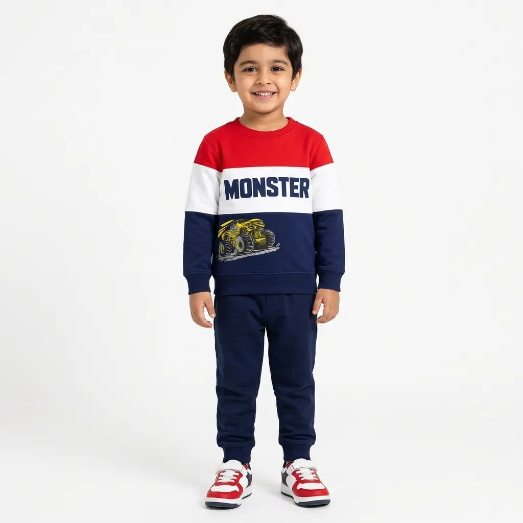 Boys Monster Truck Color Block Winter Sweatshirt (Size 9 Months - 12 Years)