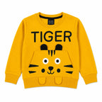 Boy wearing mustard yellow fleece tiger print winter coord set by lilcubspk, featuring a 2-piece fleece outfit for ages 1 to 12 years.
