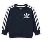 Boy wearing navy blue Adidas winter 2-piece coord set by Lil' Cubs, suitable for ages 1 to 12 years, shown in full front view.