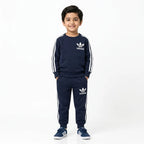 Boys navy blue Adidas winter 2-piece coordinate set by Lil' Cubs, includes jacket and pants, suitable for ages 1 to 12 years.