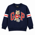 Boy wearing navy blue fleece winter coord set with teddy bear pattern, size 1-12 years, by lilcubspk.