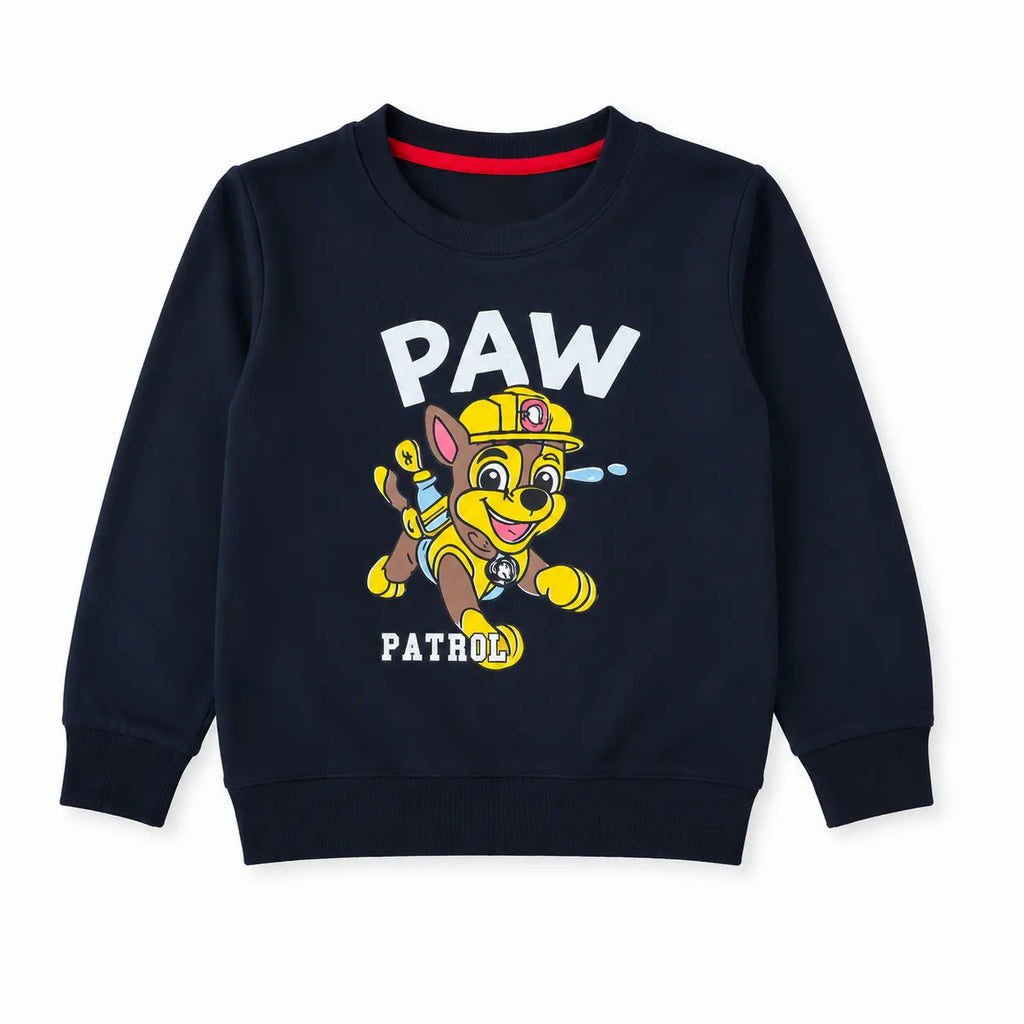 Boy wearing navy blue Paw Patrol fleece winter coord set, 2-piece, in size 2 to 12 years, featuring Paw Patrol characters.