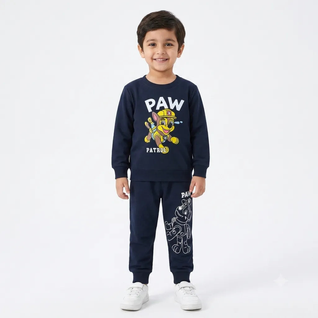 Boys navy blue Paw Patrol winter coord set in fleece, featuring a hoodie and pants, for sizes 2 to 12 years by lilcubspk.
