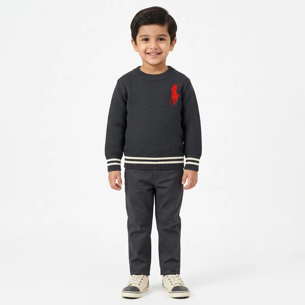 Boys Navy Blue Polo Print Winter Sweater Round Neck (Size 3 - 6 Years)
