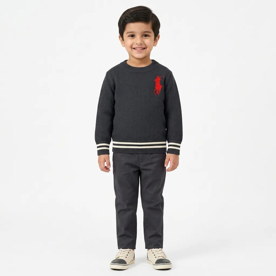 Boys Navy Blue Polo Print Winter Sweater Round Neck (Size 3 - 6 Years)