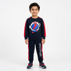 Boy wearing navy blue space explorer winter coord set by Lil' Cubs, featuring a hoodie and matching pants for ages 1 to 12 years.
