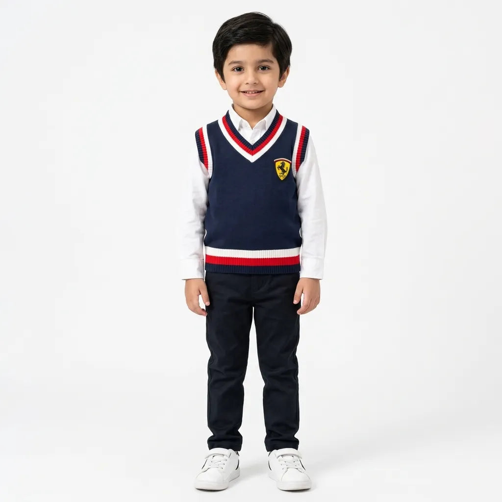Boys Navy Blue Winter Sleeveless Sweater with Ferrari Print (Size 1 - 4 Years)