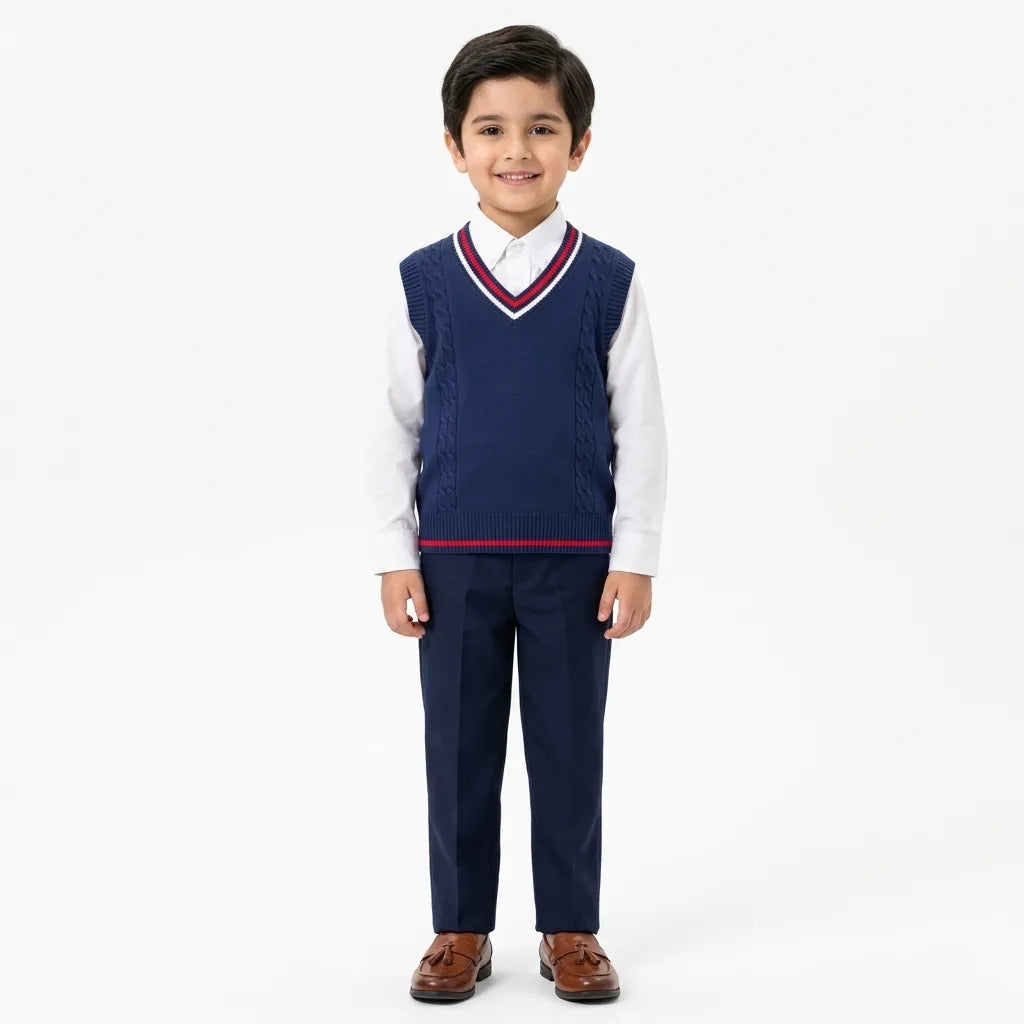 Boys Navy Blue Winter Sleeveless Sweater with V-Neck Pattern (Size 3 - 7 Years)