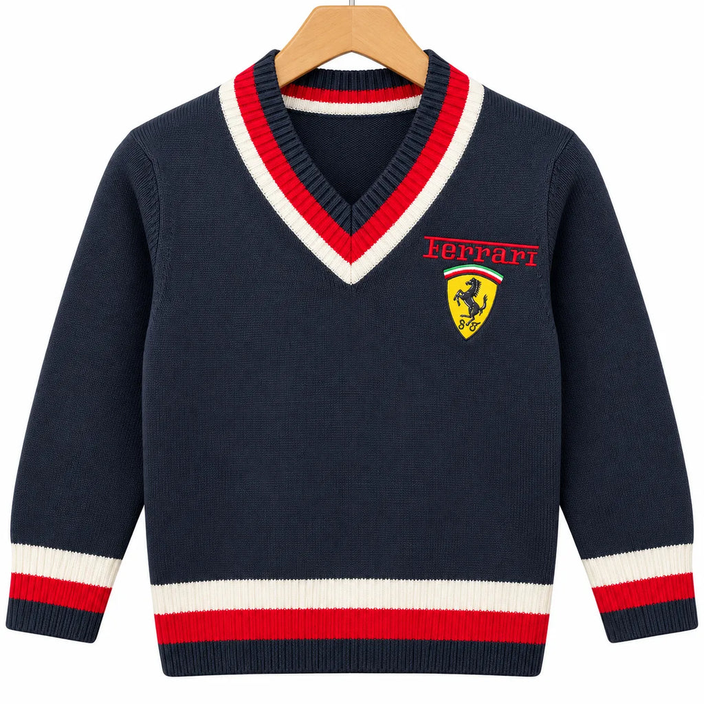 Boys Navy Blue Winter V-Neck Sweater with Ferrari Print (Size 3 - 6 Years)