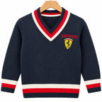 Boys Navy Blue Winter V-Neck Sweater with Ferrari Print (Size 3 - 6 Years)
