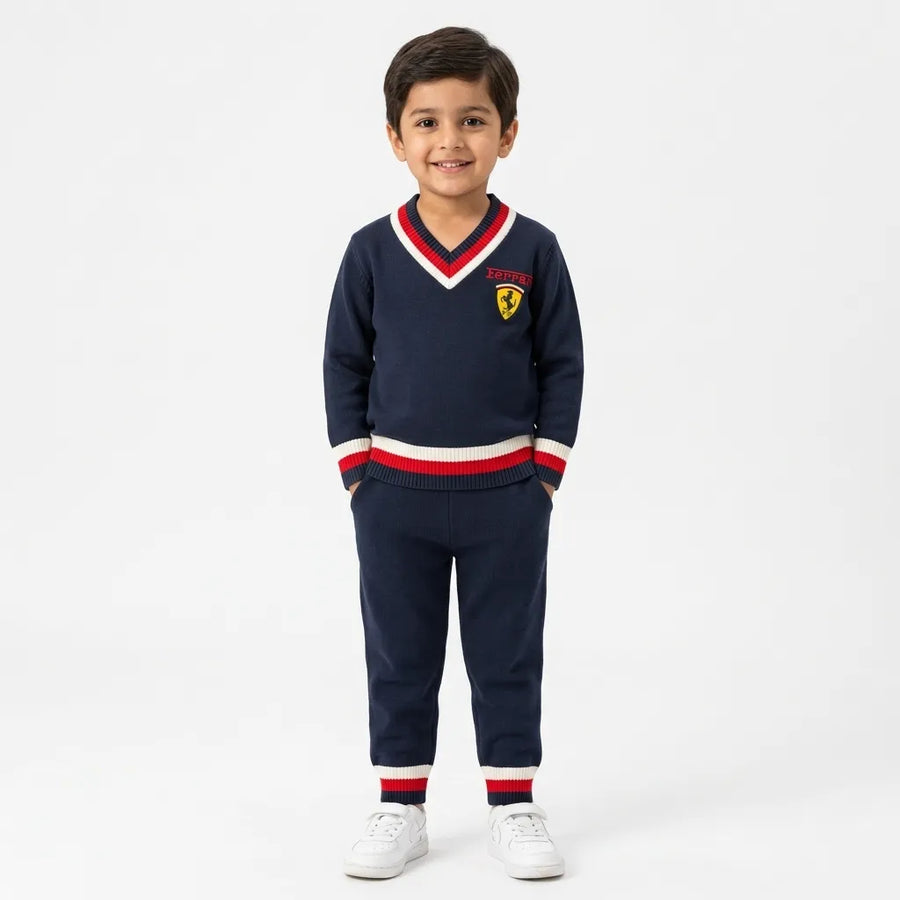 Boys Navy Blue Winter V-Neck Sweater with Ferrari Print (Size 3 - 6 Years)