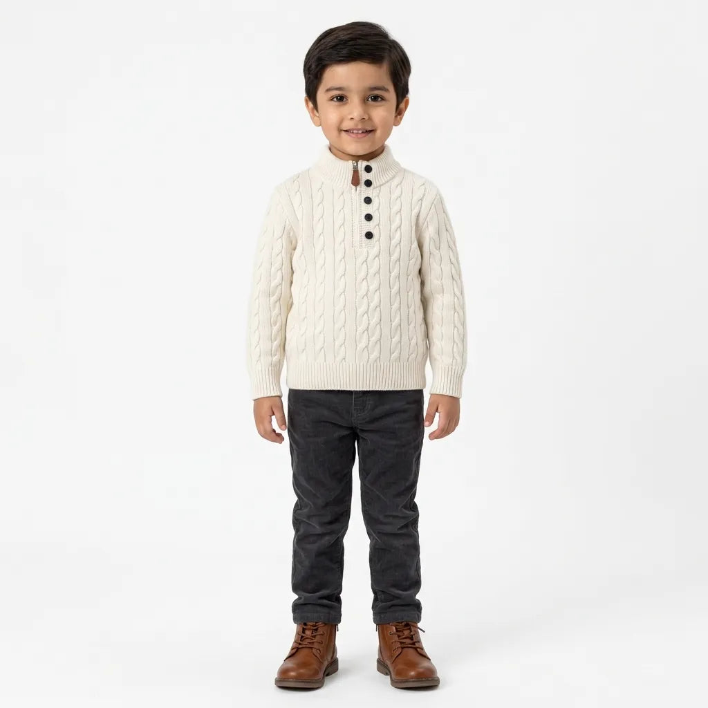 Boys Off-White Winter Sweater with Cable Knit Pattern (Size 1 - 4 Years)