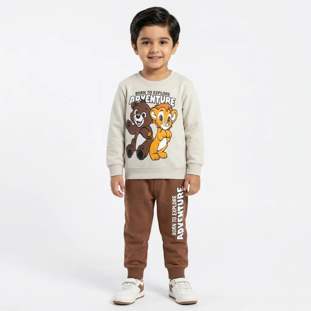 Boys Off White & Brown Simba Winter Coord Set (Size 1 - 12 Years)