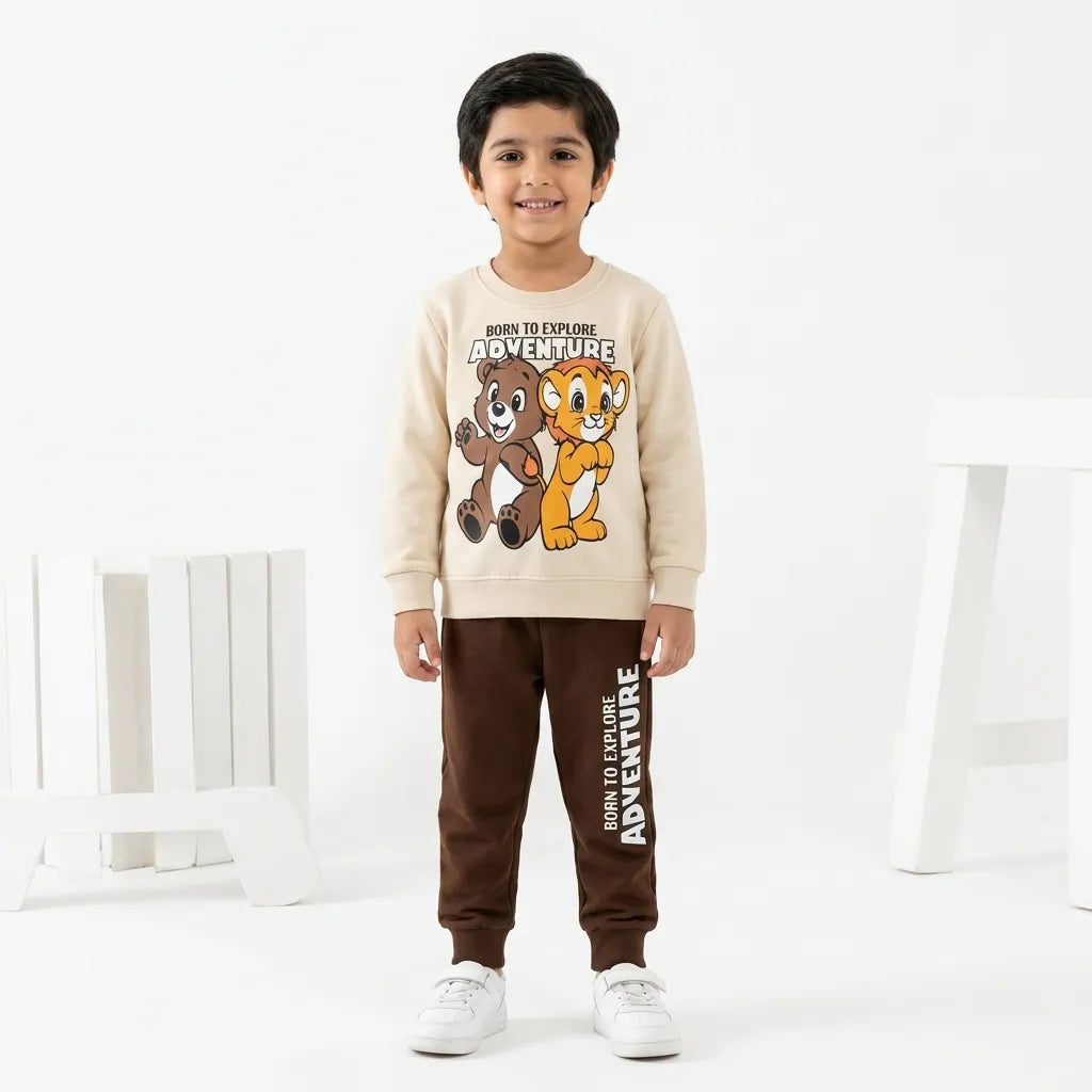 Boys Off White & Brown Simba Winter Coord Set (Size 1 - 12 Years)