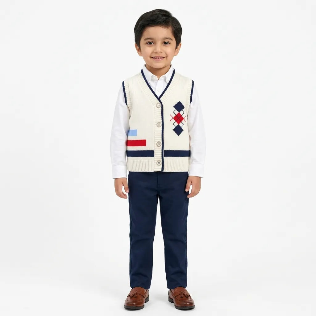 Boys Off White Winter Sleeveless Sweater (Size 6 Months - 3 Years)