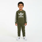Boys olive Adidas summer 2-piece coordinate set by Lil' Cubs, includes a matching top and shorts for ages 1 to 12 years.