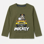 Boys olive green Mickey and car summer coord set by Lil' Cubs, size 1-12 years, featuring a matching top and shorts.