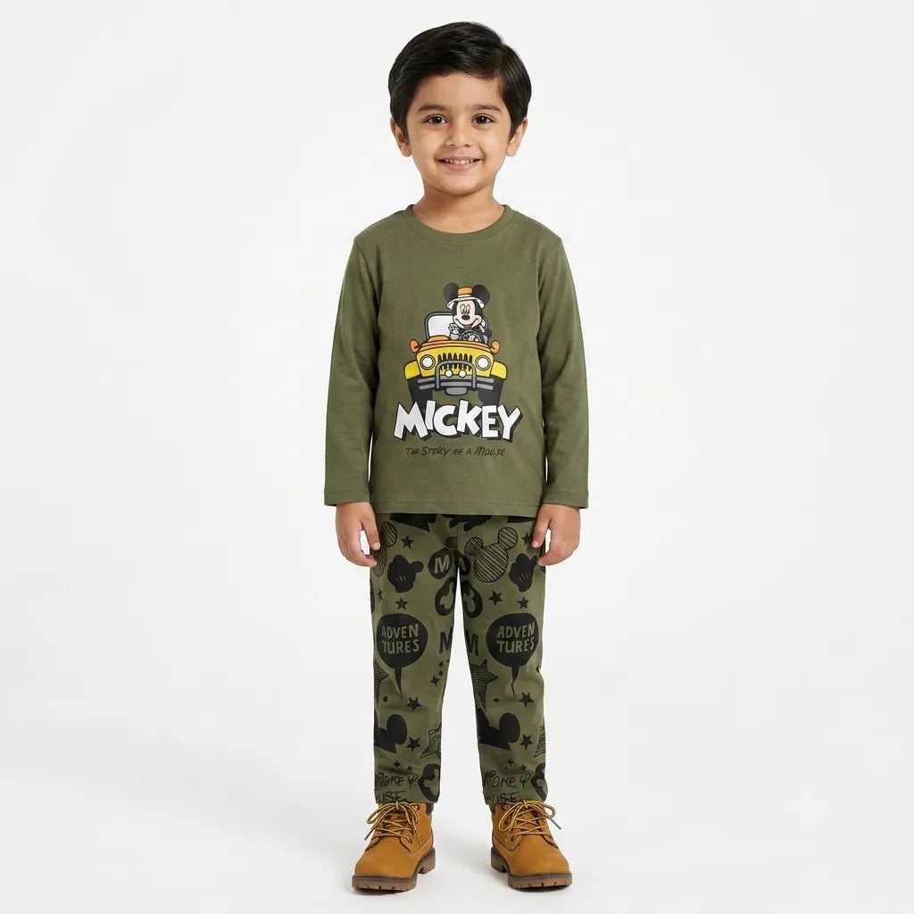 Boys Olive Mickey & Car Summer Coord Set (2 Piece) - Size 1 - 12 Years