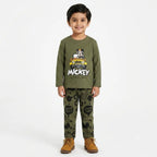 Boy wearing Lil' Cubs olive Mickey and car summer coord set with T-shirt and shorts, size 1-12 years, casual outdoor style