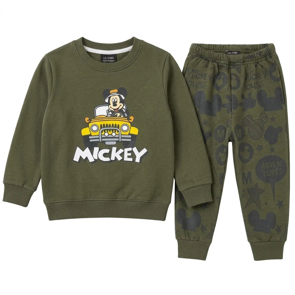 Boy wearing Lil' Cubs olive Mickey and car winter 2-piece coordinated outfit for ages 1 to 12, featuring a jacket and pants.