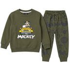 Boy wearing Lil' Cubs olive Mickey and car winter 2-piece coordinated outfit for ages 1 to 12, featuring a jacket and pants.