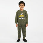 Boys olive green winter coord set with Mickey Mouse and car print, includes a hoodie and matching pants for ages 1 to 12.