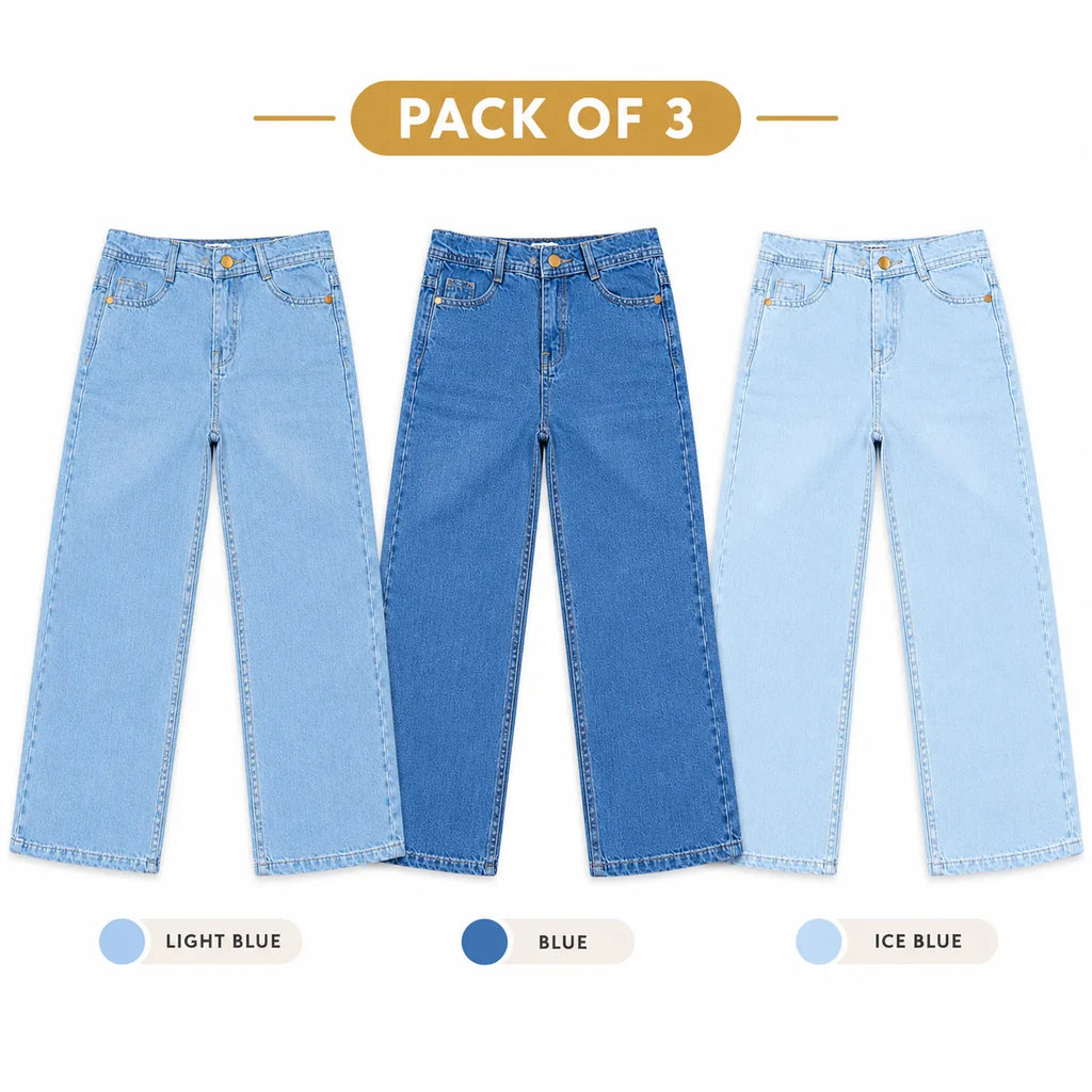 Boys Pack of 3 Baggy Denim Jeans - Blue, Light Blue & Ice Blue (Size 1 - 14 Years)