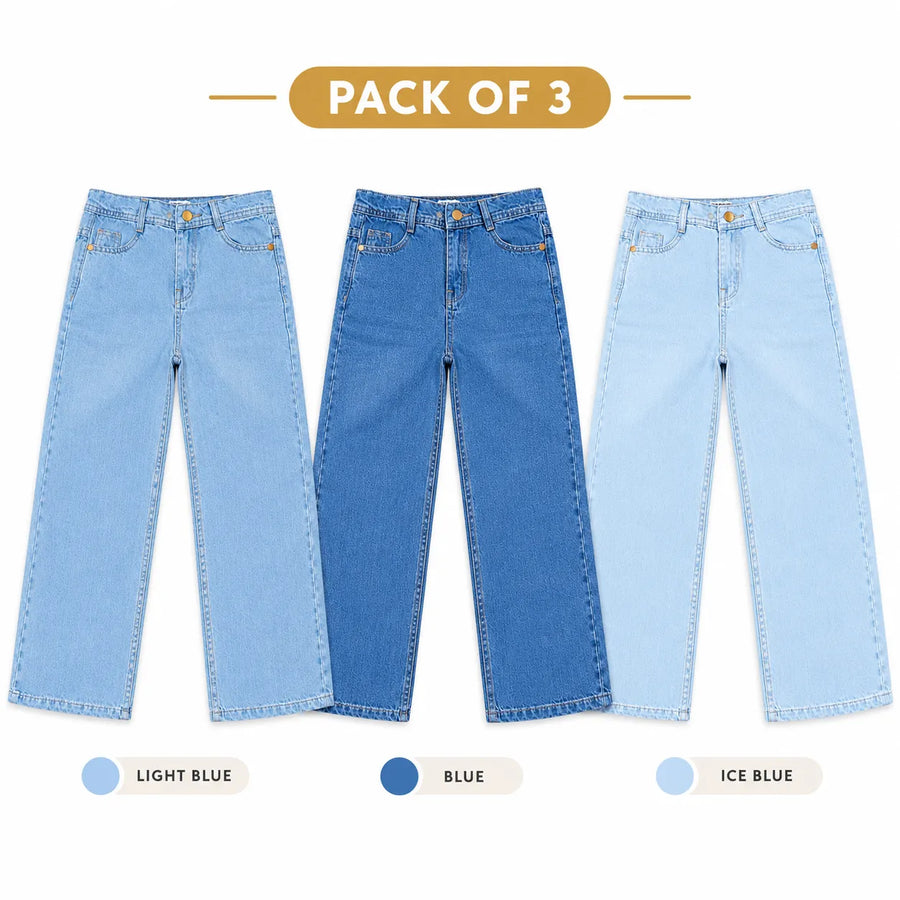 Boys Pack of 3 Baggy Denim Jeans - Blue, Light Blue & Ice Blue (Size 1 - 14 Years)