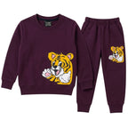 Boy wearing Lil' Cubs purple tiger winter two-piece coord set, featuring a cozy jacket and matching pants for ages 1 to 12 years.