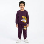Boy wearing Lil' Cubs purple tiger winter 2-piece coord set, includes a cozy jacket and matching pants for ages 1 to 12 years.