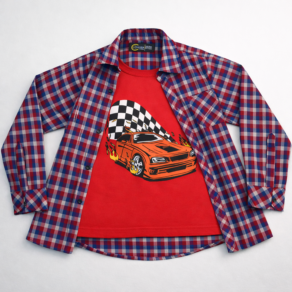 Boys Racing Car Graphic T-Shirt with Checked Shirt