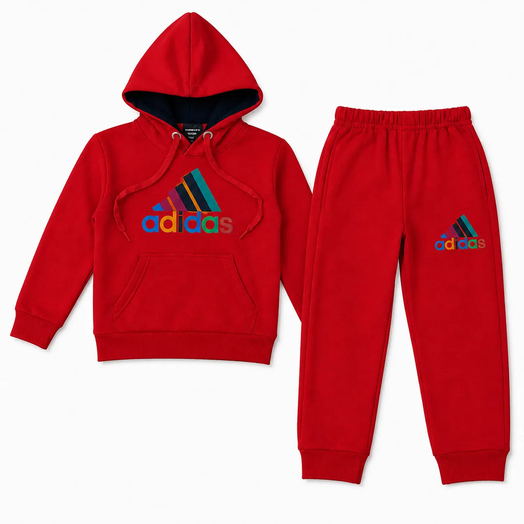 Red Adidas hoodie and tracksuit set for boys by Lil' Cubs, includes a cozy winter hoodie and matching pants for ages 1 to 12.