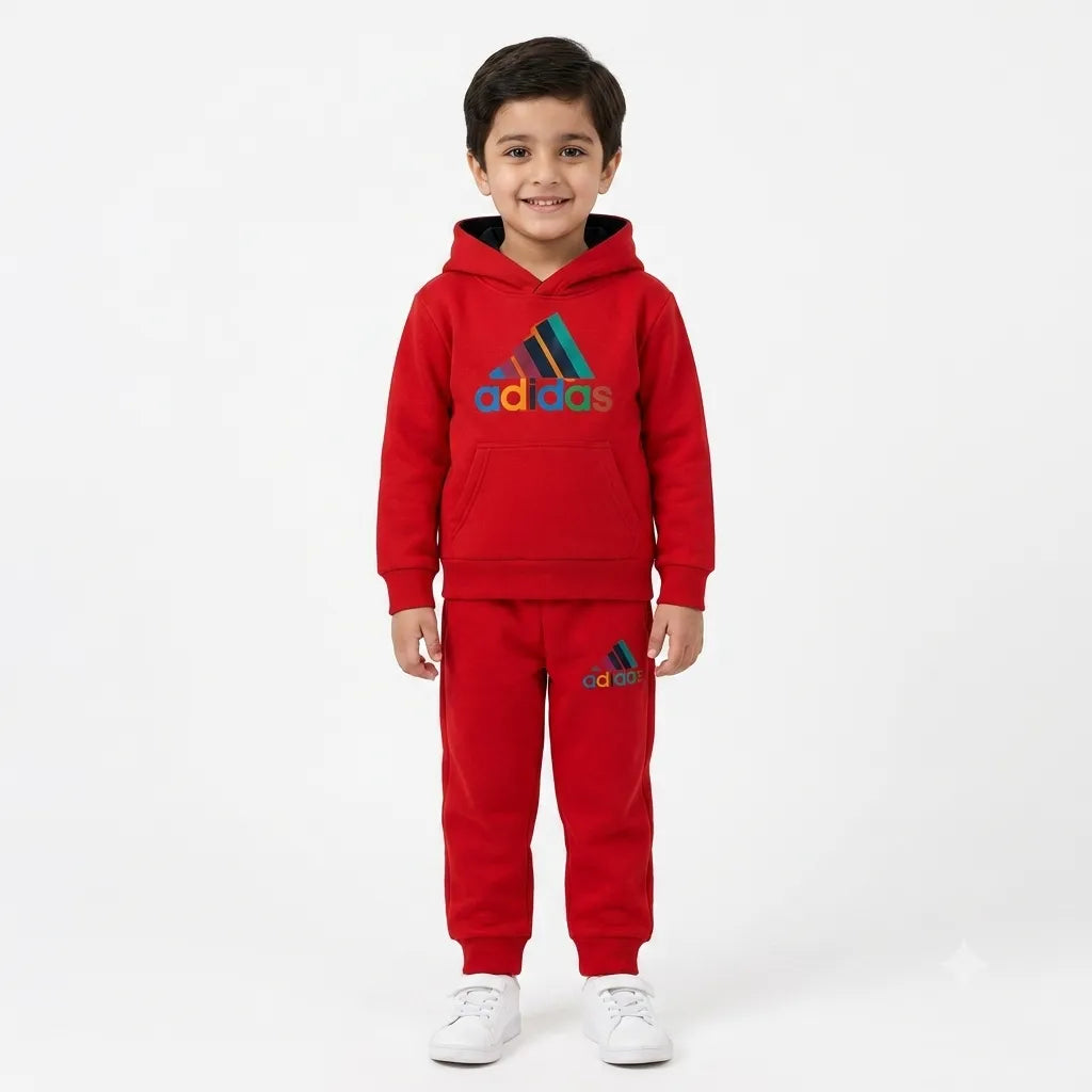 Red Adidas boys' winter hoodie and tracksuit set by Lil' Cubs, size 1-12 years, featuring a cozy hoodie and matching joggers.
