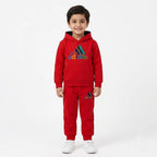 Red Adidas boys' winter hoodie and tracksuit set by Lil' Cubs, size 1-12 years, featuring a cozy hoodie and matching joggers.