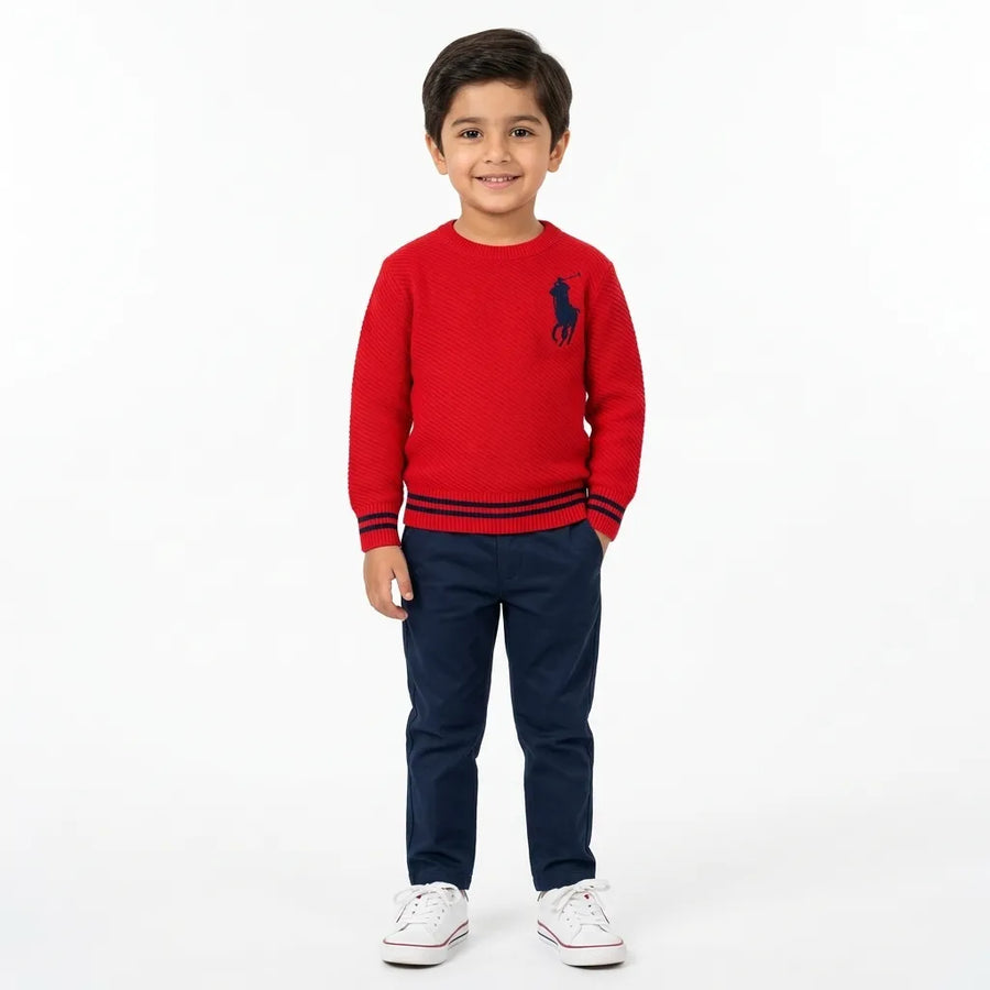 Boys Red Polo Print Winter Sweater Round Neck (Size 3 - 6 Years)
