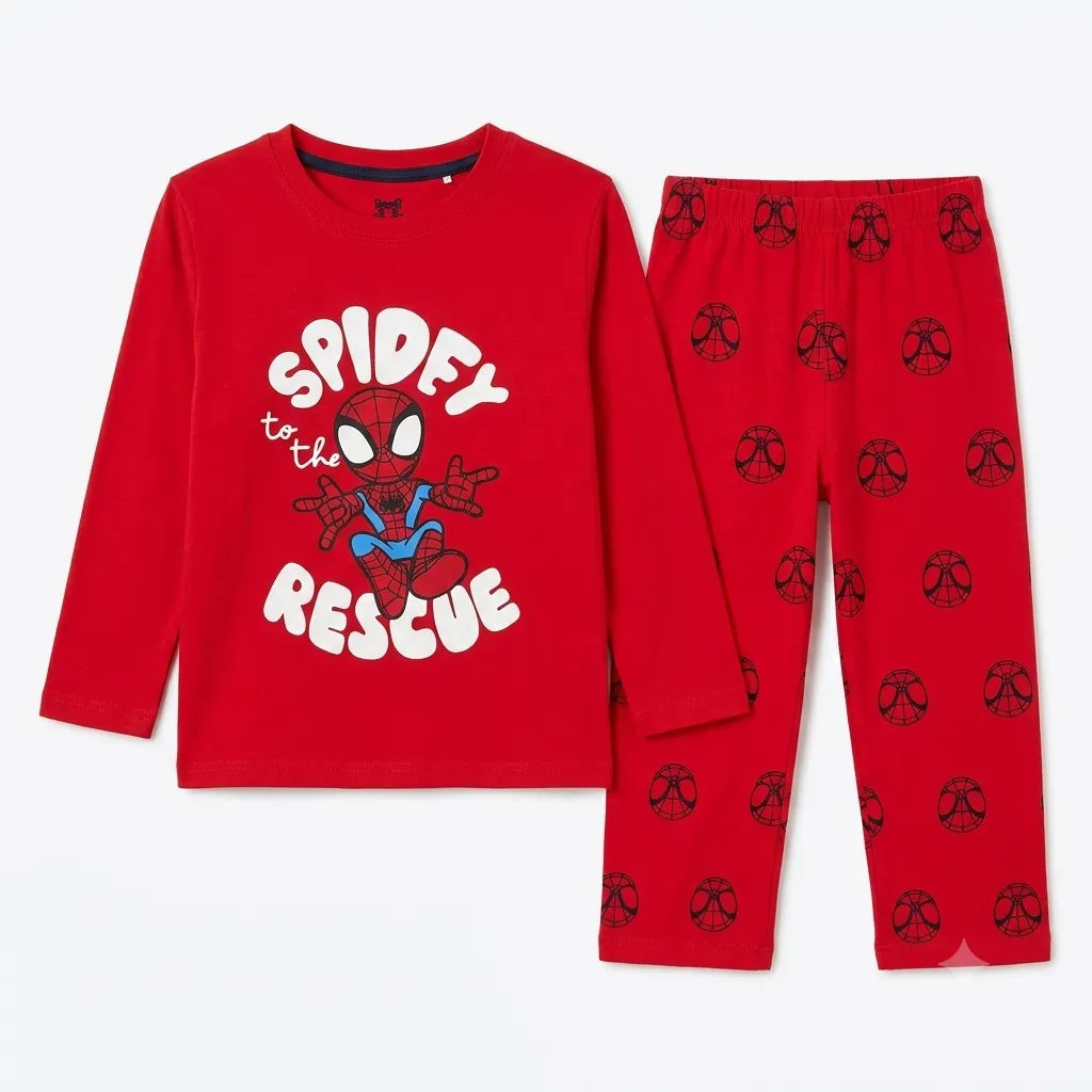 Boys red Spidey summer coord set by Lil' Cubs, 2-piece outfit with Spiderman print for ages 1 to 12 years.