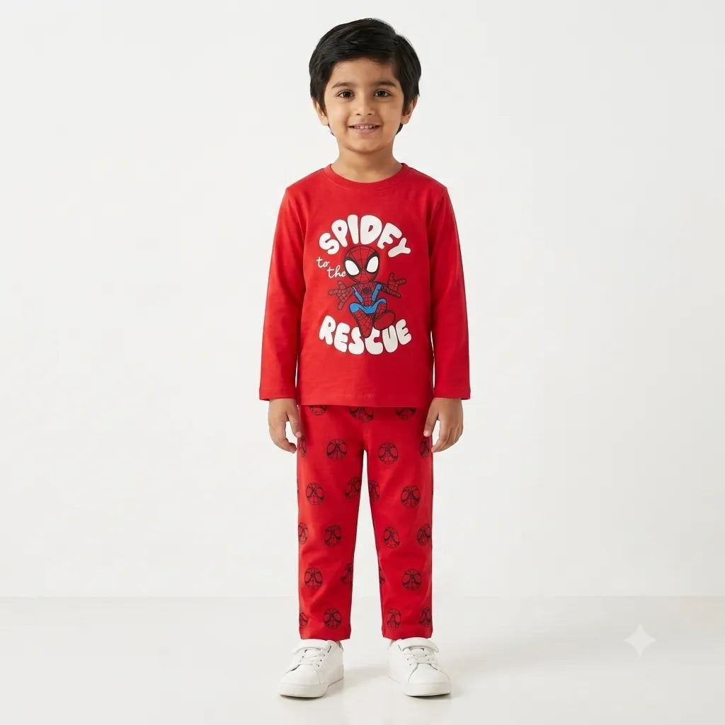 Boy wearing Lil' Cubs red Spidey summer 2-piece coord set for ages 1 to 12 years, featuring Spiderman print and comfortable fabric.