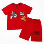 Young boy wearing a red Tom & Jerry summer coord set by lilcubspk, featuring playful cartoon print, suitable for ages 1 to 12 years.