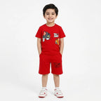 Red Tom & Jerry boys' summer coord set for ages 1-12, featuring a playful cartoon print and comfortable fabric.