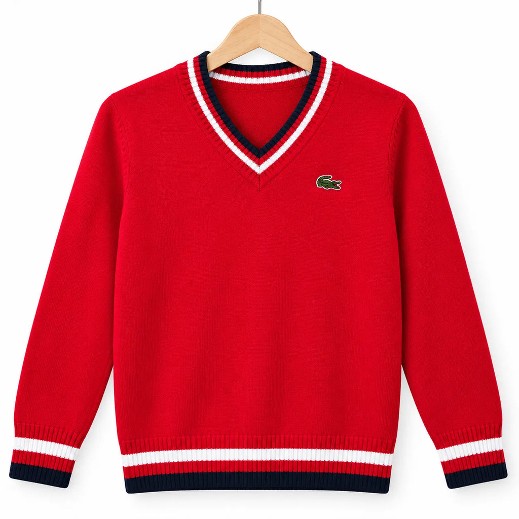 Boys Red Winter V-Neck Sweater with Crocodile Print (Size 3 - 6 Years)