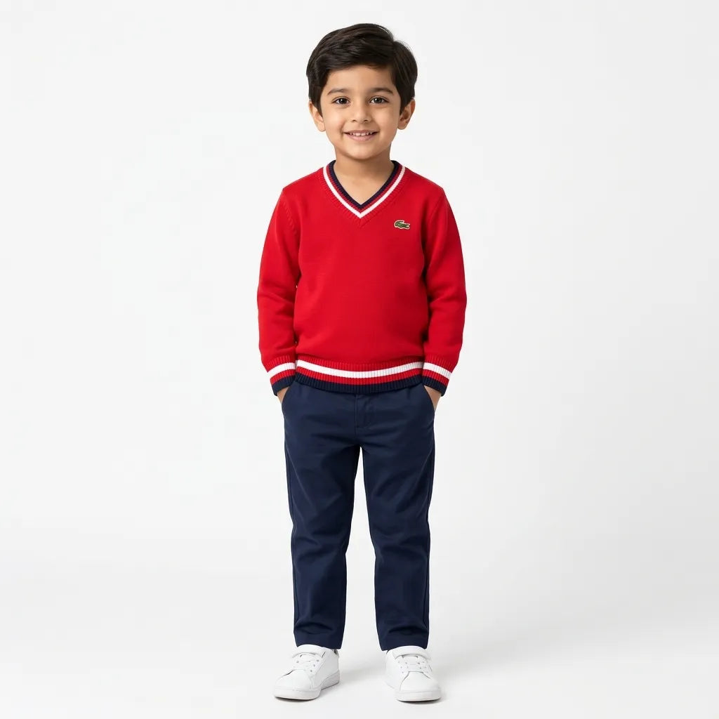 Boys Red Winter V-Neck Sweater with Crocodile Print (Size 3 - 6 Years)
