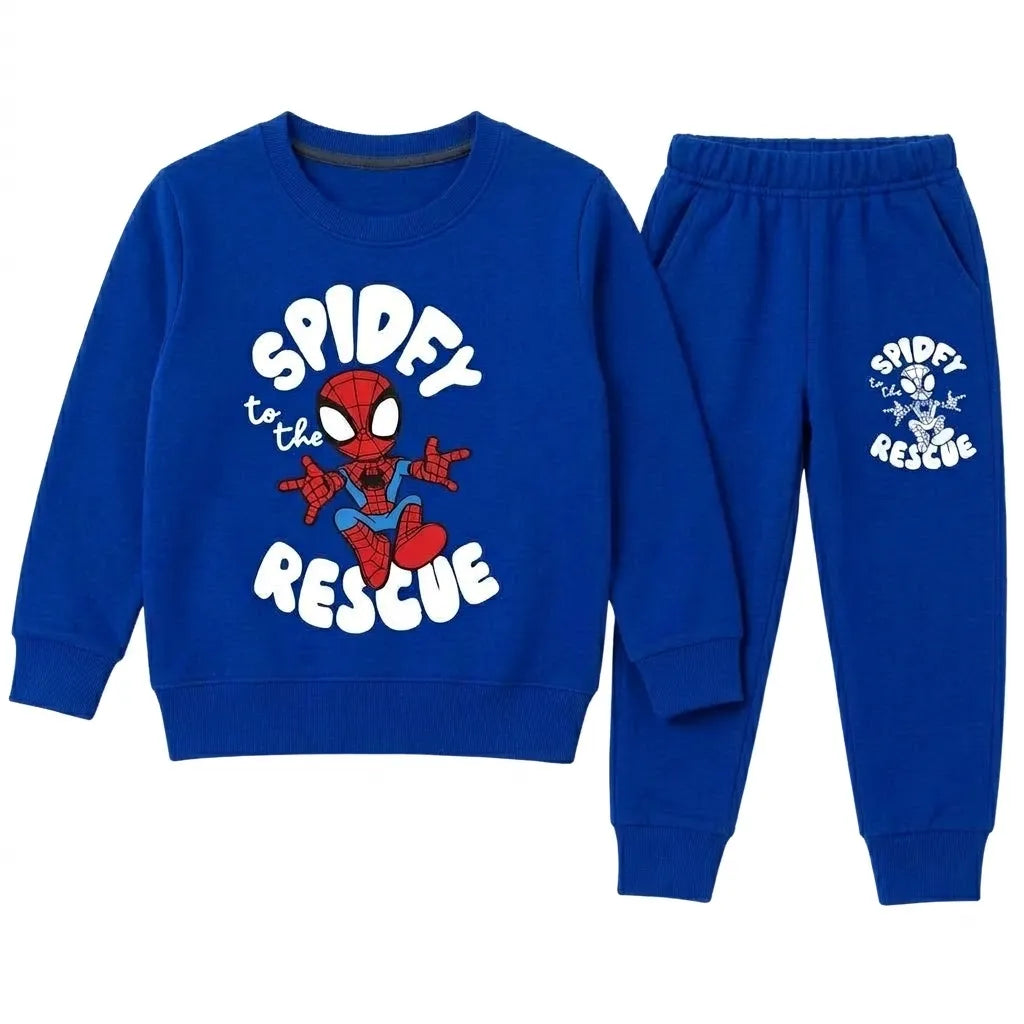 Young boy wearing a royal blue Spidey winter coordinated 2-piece set by Lil' Cubs, featuring a graphic hoodie and matching pants.