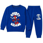 Young boy wearing a royal blue Spidey winter coordinated 2-piece set by Lil' Cubs, featuring a graphic hoodie and matching pants.