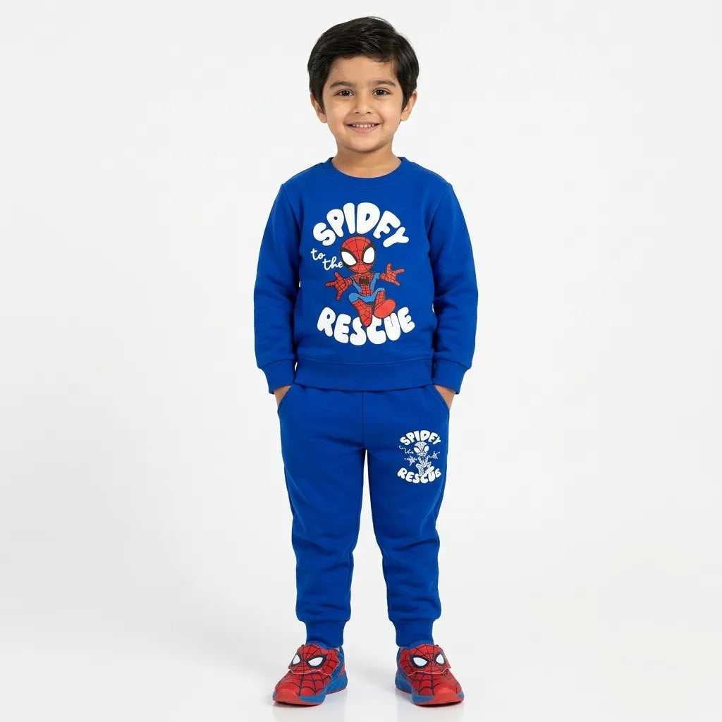 Boy wearing Lil' Cubs royal blue Spidey winter coordinate set, 2-piece outfit for ages 1 to 12 years, featuring Spiderman design.