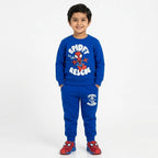 Boy wearing Lil' Cubs royal blue Spidey winter coordinate set, 2-piece outfit for ages 1 to 12 years, featuring Spiderman design.
