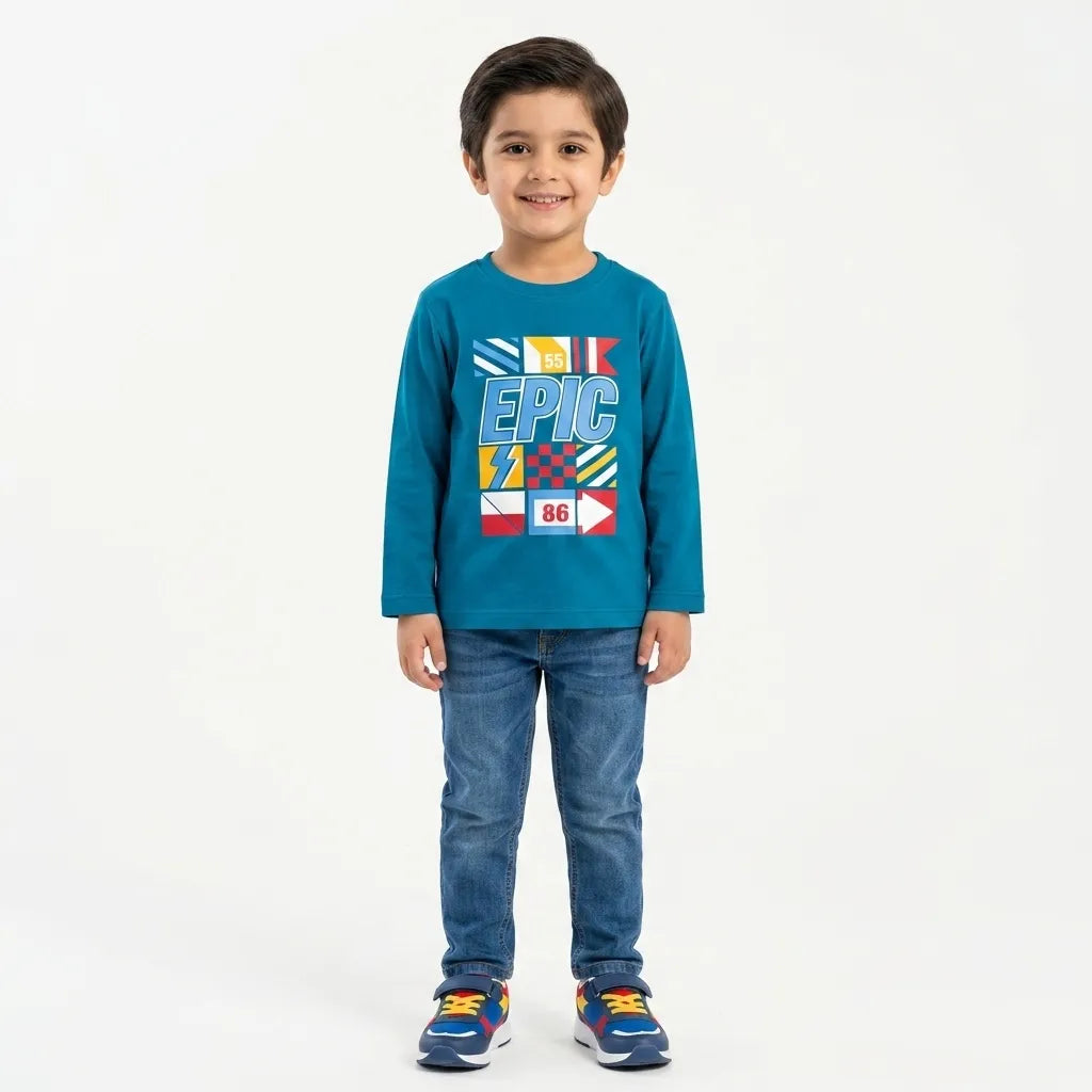 Boys Sea Green EPIC Full Sleeves Cotton T-Shirt (Size 9 Months - 12 Years)